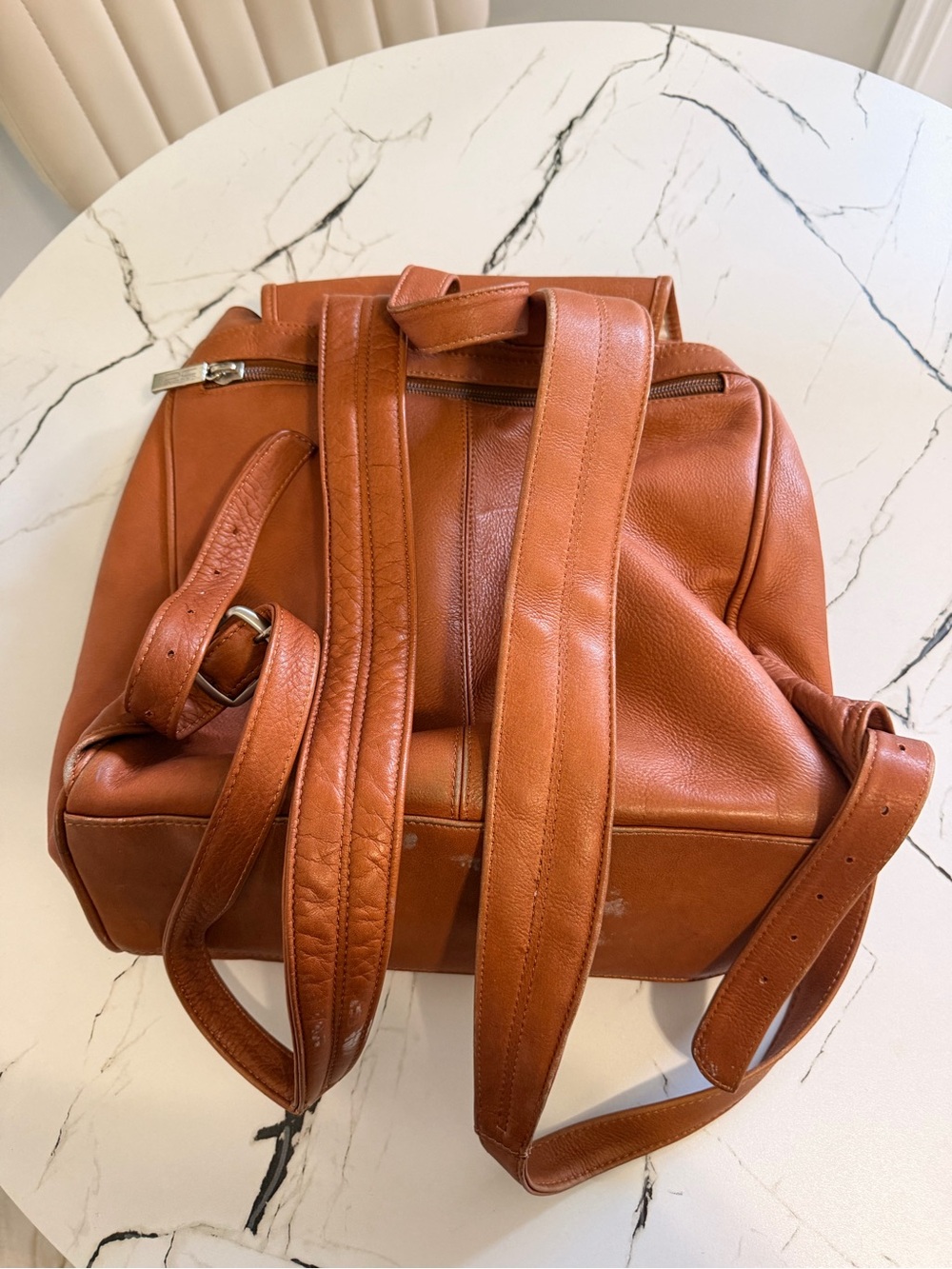Minimal Tan Leather Drawstring Backpack - Picture 2 of 7